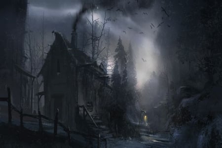 Old Cabin - bats, light, night, cabin, old