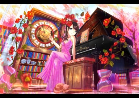 Path of Time - pretty, anime, elegant, divine, female, blossom, maiden, dress, pink, sublime, gorgeous, nice, piano, gown, anime girl, beautiful, girl, beauty, lovely, sweet, flower, lady, angelic, rose, floral