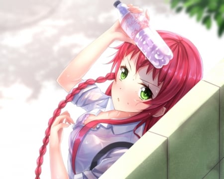 Hot Sunny Day - pretty, anime, summer, female, maiden, green eyes, long hair, red hair, sweat, hd, nice, anime girl, bottle, beautiful, hot, girl, beauty, lovely, sweet, braids, redhead, lady, sexy, wall