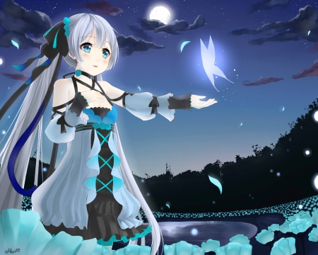 MoonLight - pretty, anime, magic, female, blossom, dress, night, light, magical, long hair, white hair, shining, hd, nice, sky, silver hair, moon, gown, anime girl, beautiful, girl, beauty, lovely, sweet, flower, petals, fantasy, cloud, butterfly, floral, shine