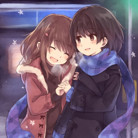 Friends - nice, female, anime girl, lonf hair, sweater, brown hair, pretty, cold, anime, cute, girl, winter, scarf, lovely, jacket, kawaii, snow, firendship, sweet, smile, coat, happy, friend