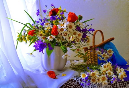 Still life - freshness, fragrance, room, bouquet, basket, lovely, still life, vase, beautiful, scent, flowers, daisies, poppies, harmony