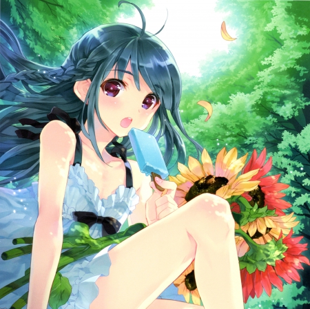 Ice Cream - pretty, delicious, female, blossom, food, scene, maiden, rown eyes, ice cream, nice, icecream, brown eyes, gown, beauty, flower, lady, floral, anime, dress, green hair, long hair, eat, sunflower, yummy, sit, sitting, anime girl, beautiful, girl, sundress, lovely, sweet, eating