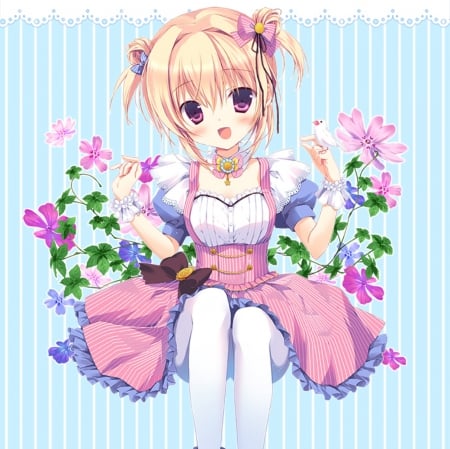 Lil' Missy - nice, female, blond, anime girl, blond hair, pretty, blonde hair, anime, cute, girl, adorable, long hair, loli, lovely, kawaii, floral, blue, pink, sweet, lolita, flower, blonde