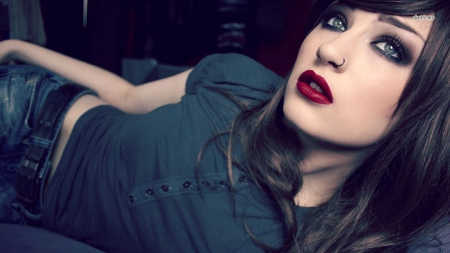 lolina - shirt, beauty, lying, red lips