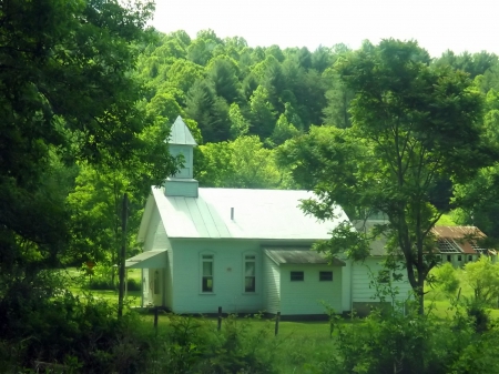 The old Country Church - wood, white, feild, trees, green