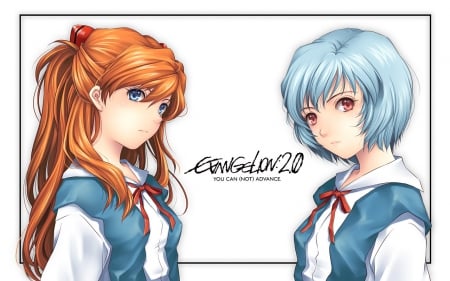 Evangelion - female, ayanami rei, rei ayanami, simple, anime girl, ayanami, red eyes, neon genesis evangelion, sinister, anime, short hair, genesis, girl, asuka langley soryu, long hair, eva, school uniform, evangelion, blue hair, rei, plain, asuka, uniform