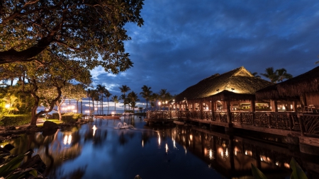 beautiful seaside restaurant in hawaii at dusk - restaurant, seashore, dusk, pond, lights