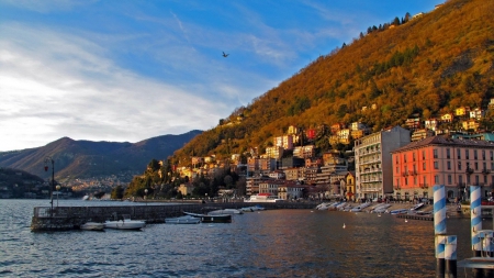 beautiful town on lake como italy - lake, pier, town, boats, mountain