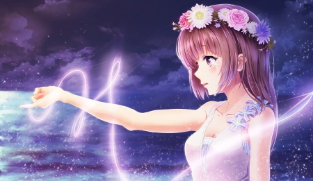 Magic Thread - pretty, anime, magic, female, blossom, maiden, dress, light, magical, long hair, hd, nice, swee, anime girl, realistic, girl, sundress, beauty, lovely, brown hair, flower, cg, glow, fantasy, lady, floral, beauitiful