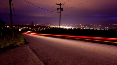 lights on a hillside road in long exposure - long exposure, city, night, road, lights