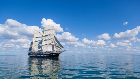 lovely sail ship on a calm sea - calm, ship, sail, clouds, sea