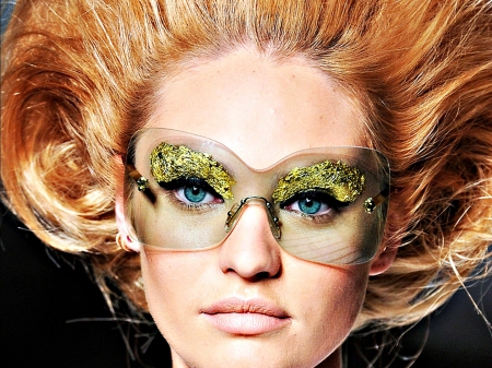 Candice Swanepoel - woman, redhead, glasses, girl, blue eyes, make-up, model, glitter, face, green, candice swanepoel