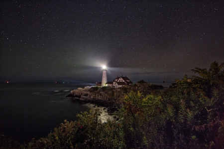 Lighthouse at Night - stars, light, house, sea, coast