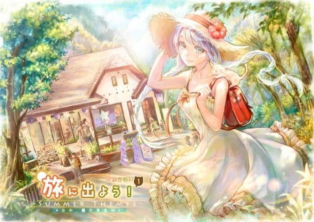 Let's go out on a Journey! - gown, beautiful, village, anime girl, girl, countryside, scenery, hat, villager, nature, sundress, pretty, beauty, sweet, anime, dress, building, home, bag, nice, lovely, scene, female, house, country side