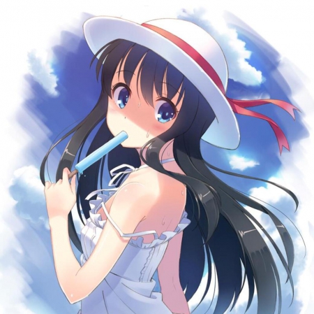 Popsicle - pretty, anime, kawaii, female, dress, ice cream, eat, plain, nice, icecream, hat, anime girl, girl, simple, sundress, lovely, cap, sweet, eating, cute