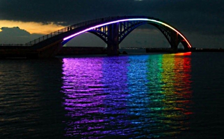 Bridge by night - rainbow, illuminated, black, waves