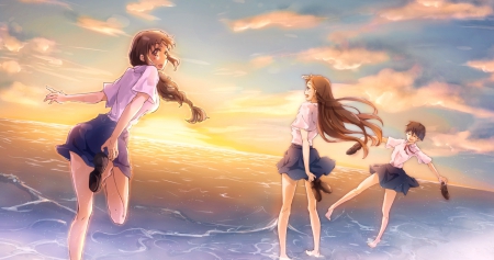 Water Fun with Friends - ocean, anime girls, blushing, long hair, girl friends, anime friends, seifuku, big eyes, brown hair, school uniform, setting sun, clouds, anime, friends, brunette