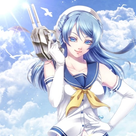 Blue Sky - maiden, beautiful, hot, gun, anime girl, girl, sailorsuit, fantasy, kantai, lady, uniform, weapon, blue hair, cloud, pretty, beauty, sweet, anime, hd, kantai collection, sky, cg, long hair, nice, lovely, sexy, female, blue eyes