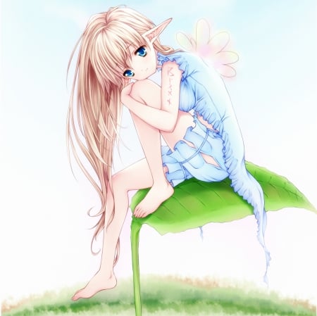 Fairy Chan - pretty, anime, kawaii, magic, female, wing, dress, long hair, plain, hd, sit, nice, sitting, anime girl, girl, simple, sundress, lovely, brown hair, sweet, fantasy, wings, fairy, adorable, leaf