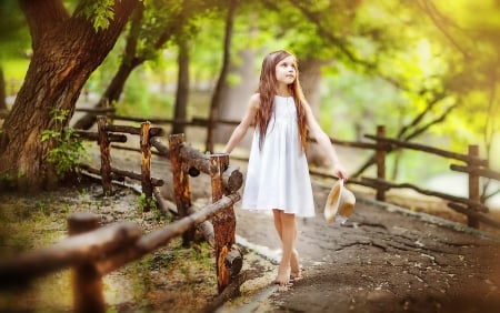 Little Lady - beauty, fence, girl, child, path, woods, forest, sweetness, dress