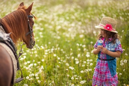 â™¥ - princess, girl, litte lafy, child, field, nature, horses, horse, green, splendor, flowers