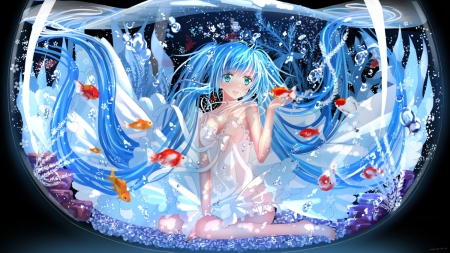 ❀ Bubbles - goldfish, miku hatsune, twin tail, female, maiden, blue hair, hot, aquarium, beauty, cg, lady, bubbles, sexy, vocaloid, anime, twintail, dress, hatsune miku, long hair, float, twin tails, anime girl, water, twintails, beautiful, girl, sundress, miku, underwater, aqua hair, hatsune, vocaloids, fish