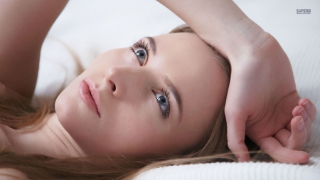 blonde - bed, lying, blonde, blue eyes