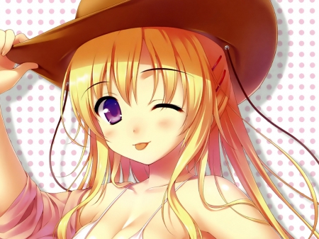 Big Hat - pretty, blushing, anime, female, blonde, wink, blond hair, long hair, cowgirl, blond, plain, hd, nice, anime girl, beautiful, hot, girl, blush, simple, blonde hair, beauty, lovely, sweet, white, cute, adorable, sexy