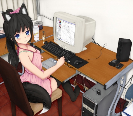 Computer - computer, girl, anime, neko