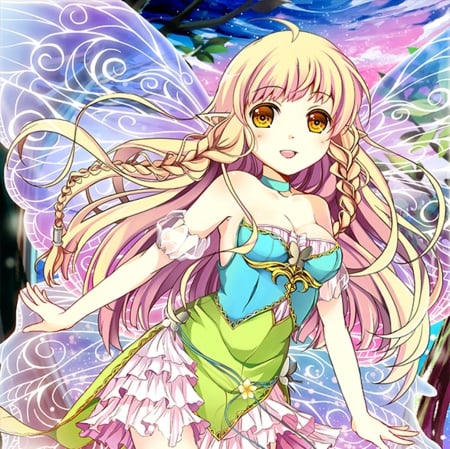 Fairy - pretty, anime, kawaii, magic, female, wing, dress, blonde, blond hair, long hair, blond, nice, yellow eyes, anime girl, girl, blonde hair, lovely, brown hair, sweet, braids, wings, fairy, cute, adorable, fantasy girl