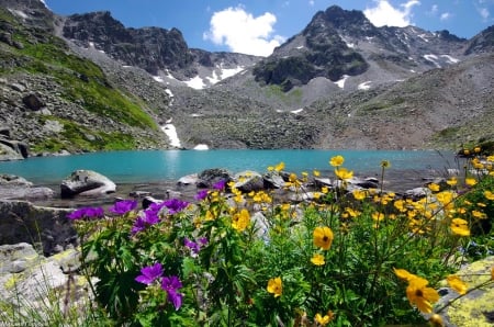 Beautiful scenery - scenery, beautiful, slope, lovely, photo, reflection, peaks, mountain, wildflowers, shore, cliffs, lake, sky, rocks