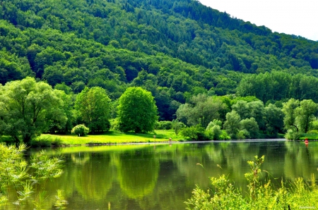 Green landscape - calm, greenery, trees, beautiful, tranquil, slope, grass, reflection, mountain, river, shore, mirror, green, serenity, lake, emerald