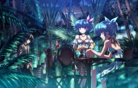 Night Cocktail - nice, female, anime girl, juice, pretty, table, anime, plant, party, food, tree, maiden, male, drink, lady, girl, night, cocktail, lovely, hd, blue hair, stair, forest, jungle, boy, staircase, sweet