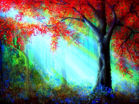 -Rays Light in Autumn- - attractions in dreams, scenery, creative pre-made, flowers, landscapes, seasons, traditional art, draw and paint, rays light, vibrant, trees, beautiful, paintings, colors, lovely, fall season, colorful, nature, autumn, love four seasons