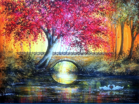 -Autumn Bridge- - autumn, vibrant, trees, animals, colorful, creative pre-made, creek, architecture, paintings, traditional art, bridges, landscapes, attractions in dreams, swans, draw and paint, lovely, nature, love four seasons, most downloaded, fall seasons, beautiful, seasons, scenery, flowers, colors