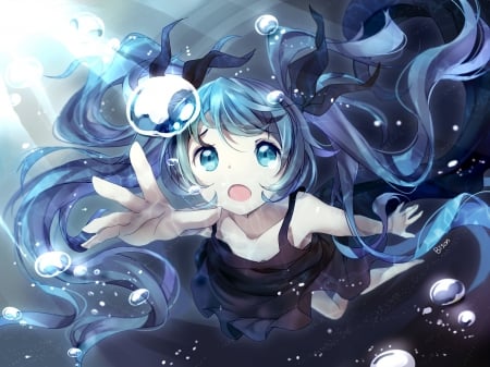 Deep Sea - pretty, anime, vocaloid, twin tail, kawaii, female, miku hatsune, twintail, blue hd, dress, hatsune miku, long hair, nice, blue eyes, twin tails, gown, anime girl, twintails, girl, sundress, wet, lovely, sweet, fantasy, miku, underwater, bubbles, aqua hair, adorable, hatsune, vocaloids