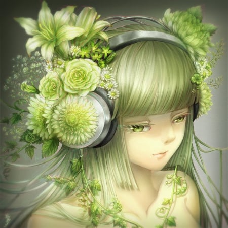 Green - nice, realistic, beauty, female, simple, anime girl, fantasy, pretty, petals, anime, green, fantasy girl, maiden, lady, girl, long hair, lovely, cg, hd, abstract, floral, headphones, 3d, plain, beautiful, blossom, sweet, green hair, flower