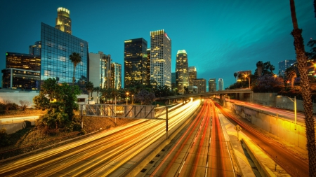 lights on the highway in los angeles hdr - long exposure, city, hdr, highway, dusk, lights