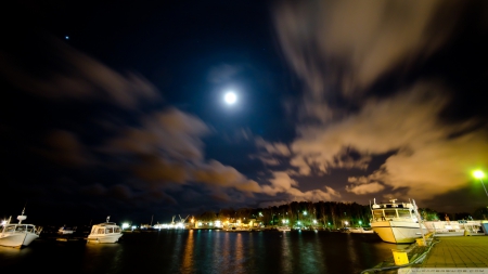 boats in harbor under moonlight - clouds, boats, moon, docks, harbor, night