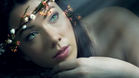 Lonely Flower Girl - Woman, Flowers, Eyes, Green