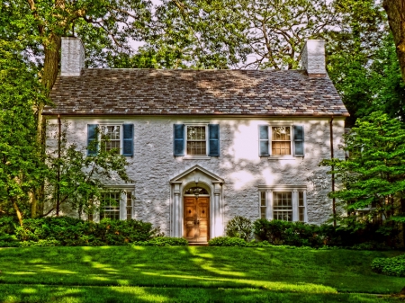 Afternoon At Home - trees, nature, roof, window, door, green, architecture, leaves, house, grass, shadow