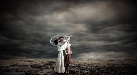 Surreal Love - woman, sky, people, girl, persons, nature, abstract, boy, man, clouds, stones, stormy, gray, dress