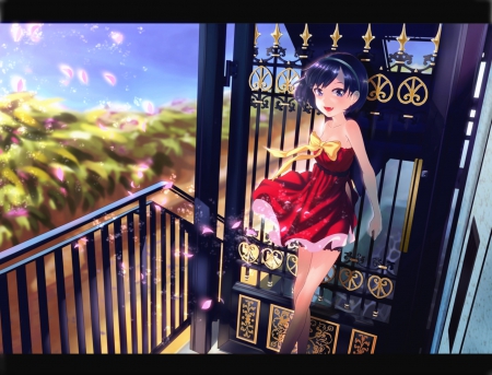 Red Dress - beauty, nice, female, sundress, anime girl, pretty, petals, anime, cute, short hair, scene, blow, girl, lovely, blue hair, kawaii, beautiful, blowing, scenery, sweet, dress