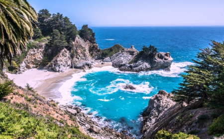 McWay Waterfall at Big Sur, California - Rocks, Waterfall, Beach, USA