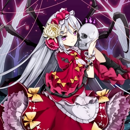 Skull - pretty, anime, female, dress, gloomy, long hair, emotional, lolita, skull, gloom, sad, hd, sorrow, nice, loli, creepy, silver hair, gown, anime girl, serious, creep, beautiful, girl, beauty, lovely, sweet, hair, white, bone