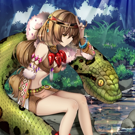 Green Snake - pretty, anime, female, snake, short hair, gloom, animal, hd, nice, creepy, anime girl, creep, beautiful, hot, girl, beauty, lovely, brown hair, sweet, reptile, sexy