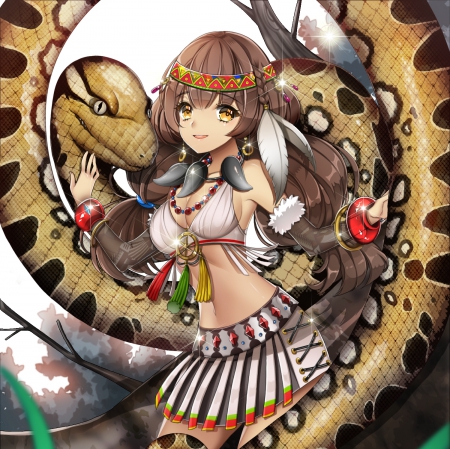 Brown Snake - beauty, female, creepy, hot, brownb hair, miniskirt, anime girl, anime, maiden, lady, sexy, skirt, creep, girl, long hair, cg, hd, snake, beautiful, animal, reptile