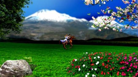 ~*~ Horse Ride ~*~ - trees, mountains, field, blue sky, horse ride