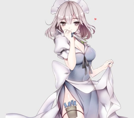 Izayoi Sakuya - pretty, anime, female, dress, emotional, short hair, touhou, rapier, plain, nice, anime girl, serious, beautiful, hot, girl, simple, beauty, lovely, maid, sweet, izayoi sakuya, knife, cute, sexy